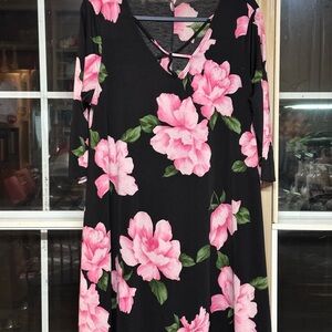 Source Unknown Black Midi Dress with Pink Floral Print
